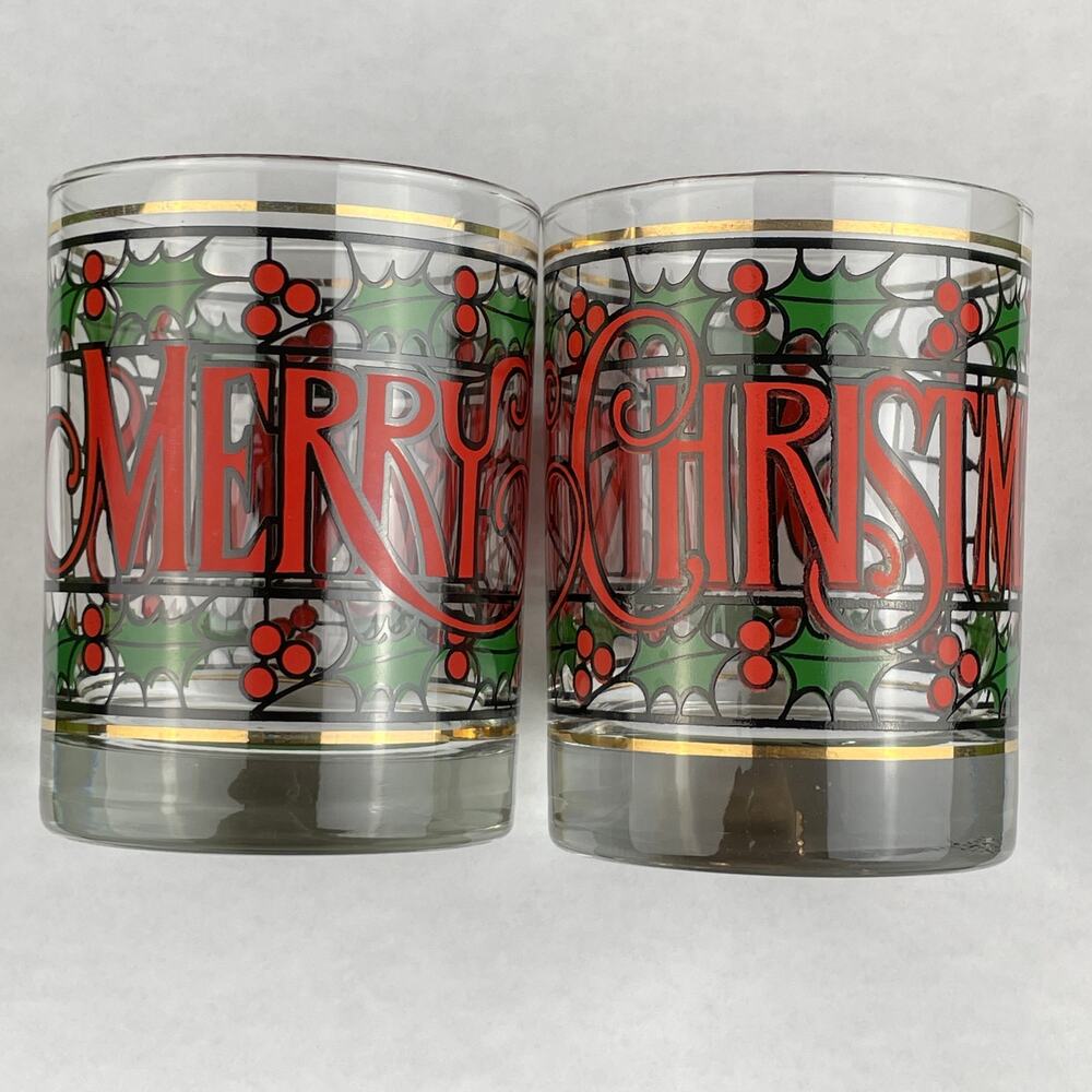 Vintage Cera Glass Merry Christmas Lowball Glasses Lot of 2